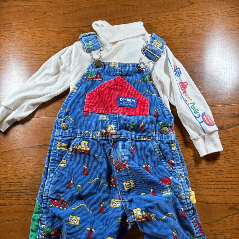 VTG‎ OshKosh B'gosh Blue Corduroy Overalls Set Long Sleeve Vehicle Construction